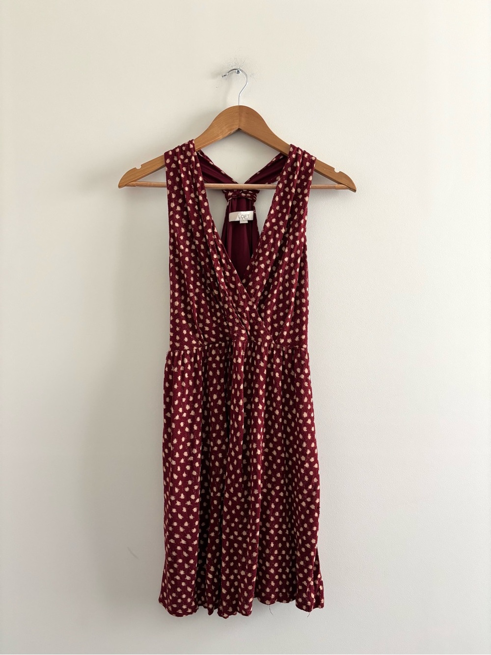 Ann Taylor LOFT Dress Red Beige Polka Dot Racerback Surplice Relaxed Womens XS